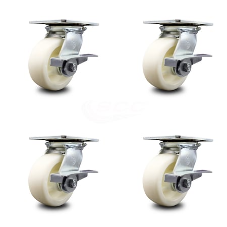 Service Caster 5 Inch Heavy Duty Nylon Caster Set with Ball Bearings and Brakes SCC-35S520-NYB-SLB-4